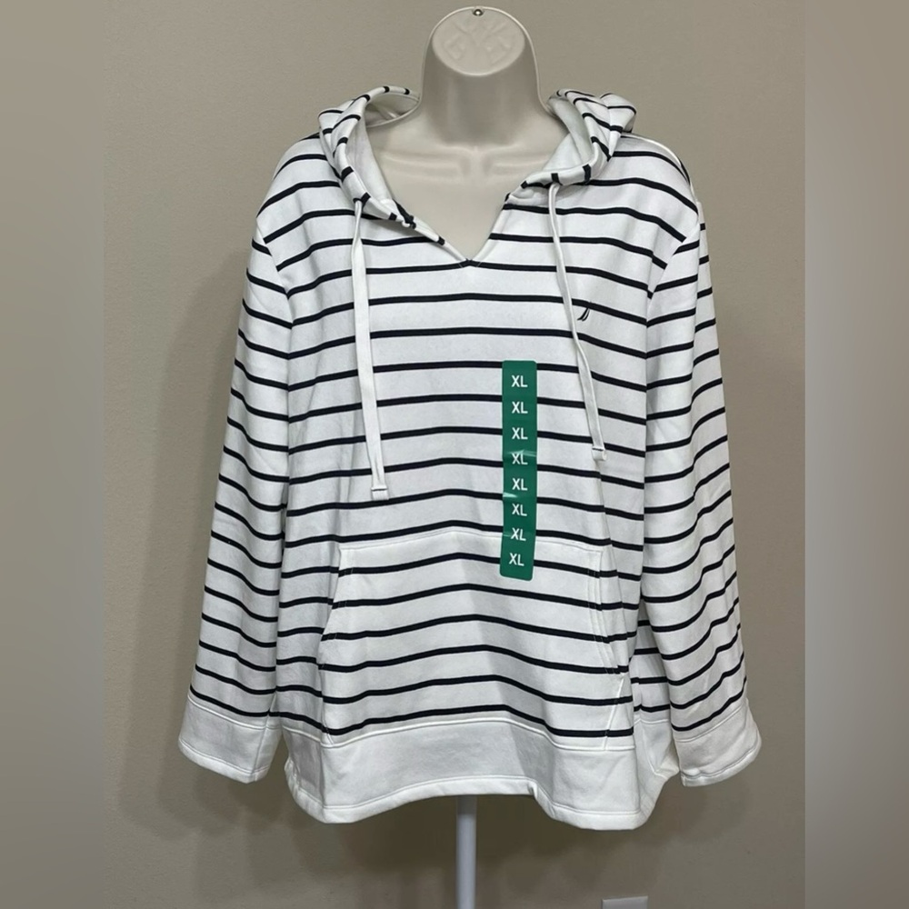 Nautica Women’s White & Blue Striped Long Sleeve Fleece Hoodie Sweatshirt s XL